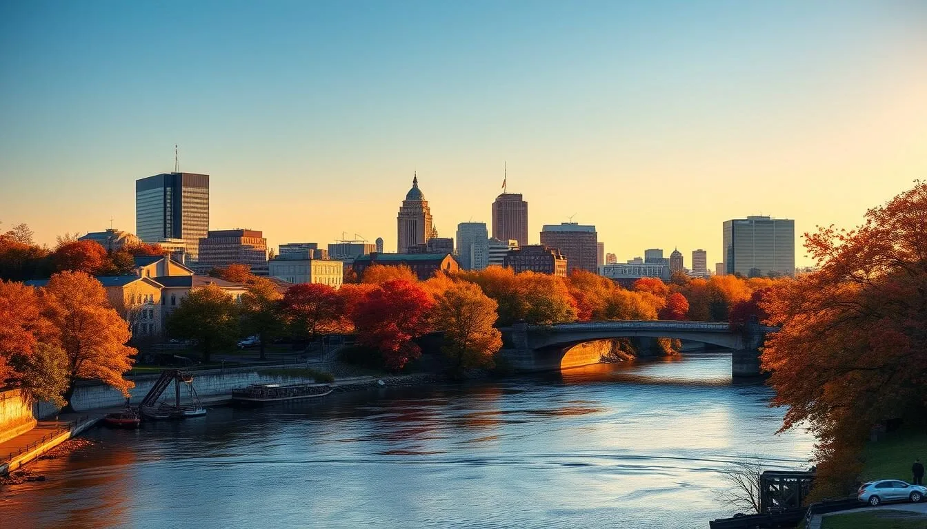 Richmond Virginia skyline with James River in foreground during fall with colorful foliage