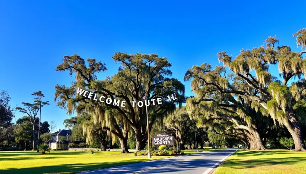 Road leading into Gadsden County with welcome sign and lush greenery Road leading into Gadsden County with welcome sign and lush greenery