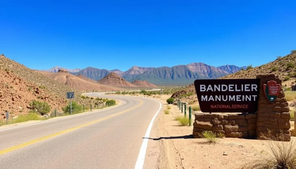 Road leading to Bandelier National Monument entrance with mountain views and park signage Road leading to Bandelier National Monument entrance with mountain views and park signage
