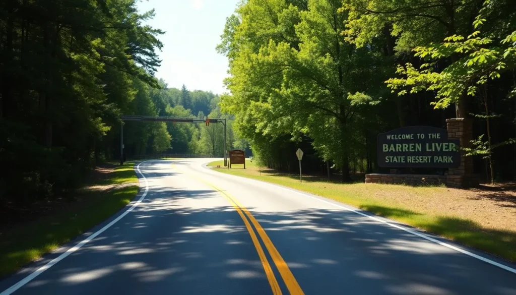 Road leading to Barren River Lake State Resort Park entrance with welcome sign and forested surroundings Road leading to Barren River Lake State Resort Park entrance with welcome sign and forested surroundings