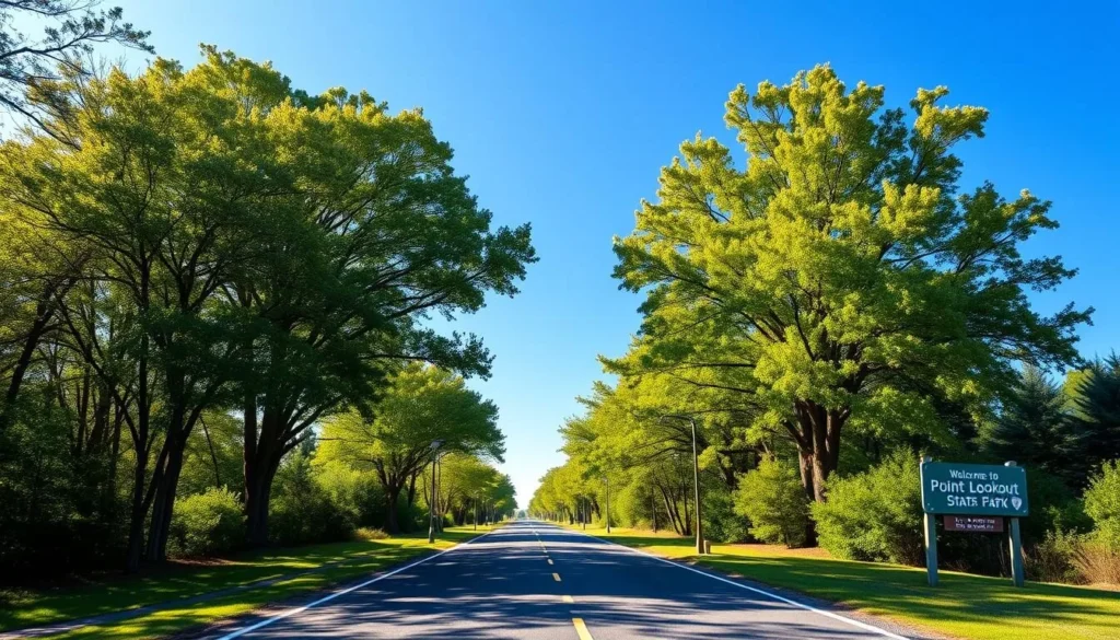 Road leading to Point Lookout State Park entrance with welcome sign Road leading to Point Lookout State Park entrance with welcome sign