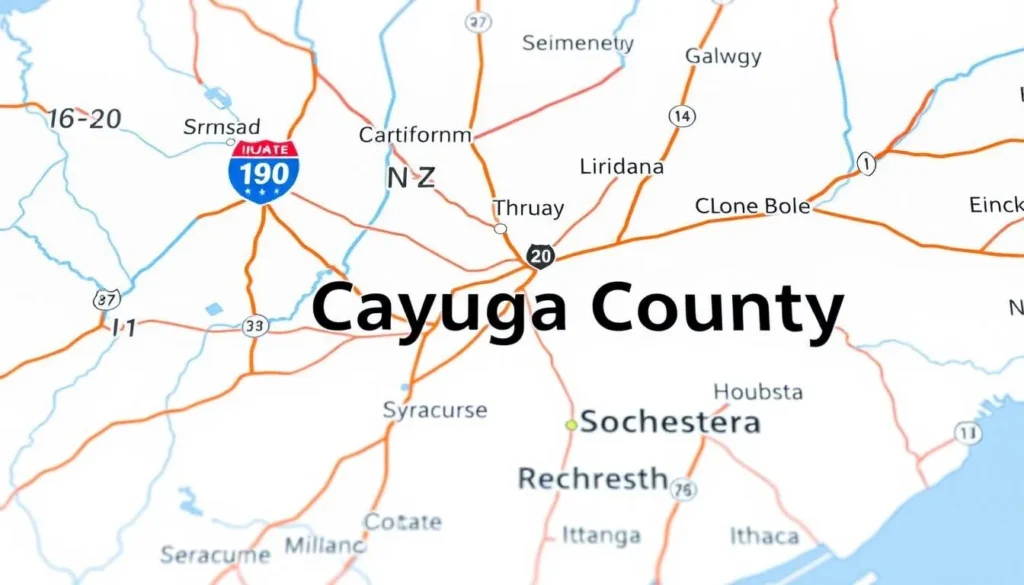 Road map showing routes to Cayuga County, New York with major highways and nearby cities Road map showing routes to Cayuga County, New York with major highways and nearby cities