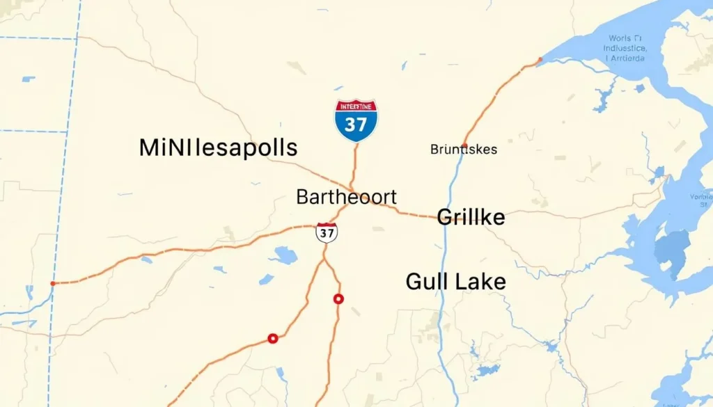 Road map showing routes to Gull Lake, Minnesota from Minneapolis Road map showing routes to Gull Lake, Minnesota from Minneapolis