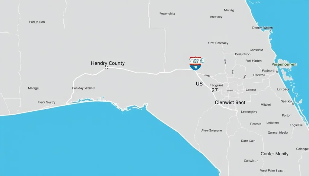 Road map showing routes to Hendry County, Florida with highways SR-80 and US-27 highlighted Road map showing routes to Hendry County, Florida with highways SR-80 and US-27 highlighted