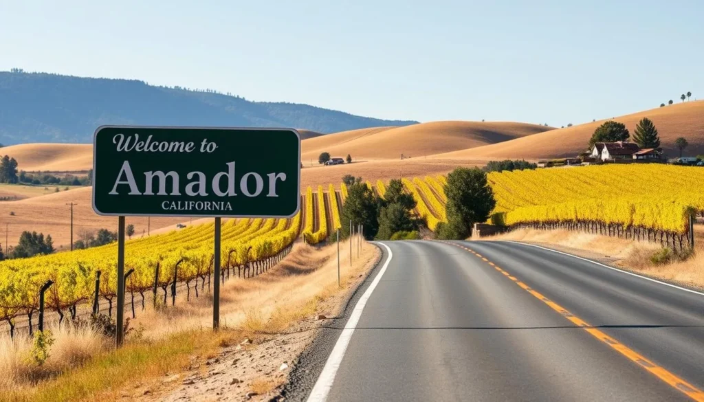 Road sign for Amador County with vineyards and rolling hills in the background