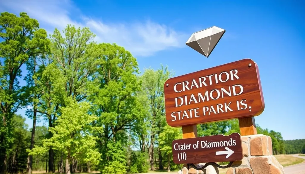 Road sign for Crater of Diamonds State Park entrance with diamond symbol Road sign for Crater of Diamonds State Park entrance with diamond symbol