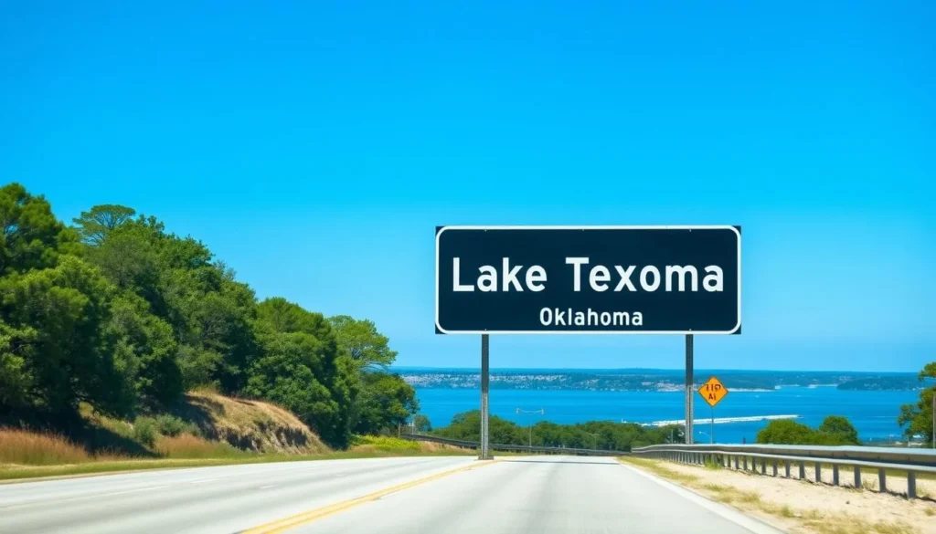 Road sign for Lake Texoma, Oklahoma with scenic lake view in the background Road sign for Lake Texoma, Oklahoma with scenic lake view in the background