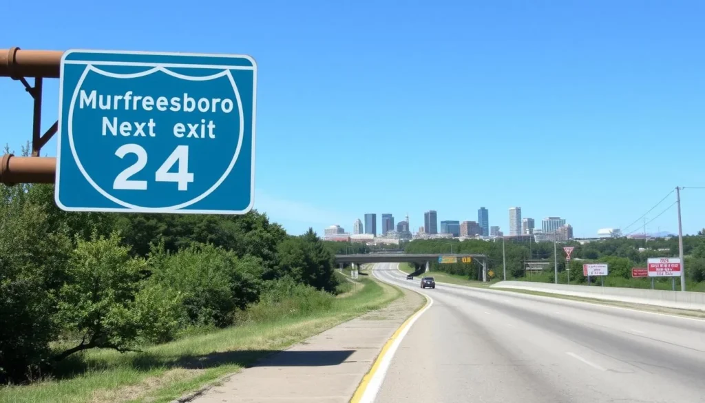 Road sign for Murfreesboro exit on Interstate 24 with the city skyline visible in the background on a clear day Road sign for Murfreesboro exit on Interstate 24 with the city skyline visible in the background on a clear day