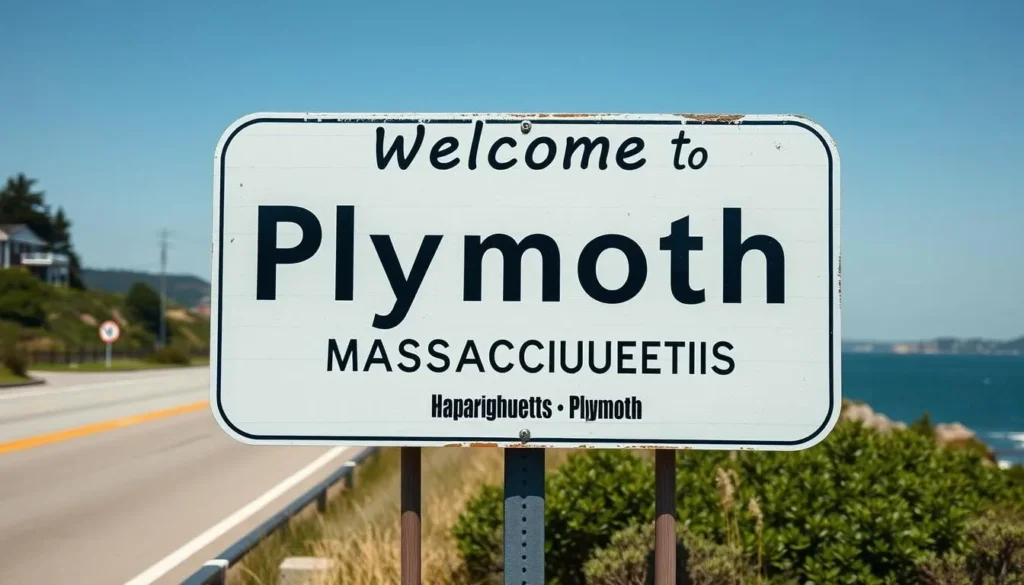 Road sign for Plymouth Massachusetts with coastal scenery in the background Road sign for Plymouth Massachusetts with coastal scenery in the background