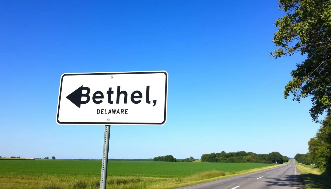 Road sign pointing to Bethel, Delaware with rural countryside in the background