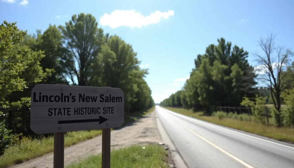 Road sign pointing to Lincoln's New Salem State Historic Site on a sunny day Road sign pointing to Lincoln's New Salem State Historic Site on a sunny day