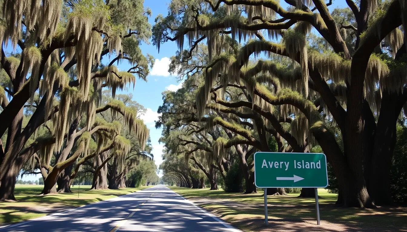 Road sign to Avery Island, Louisiana with Spanish moss-draped oak trees lining the entrance road