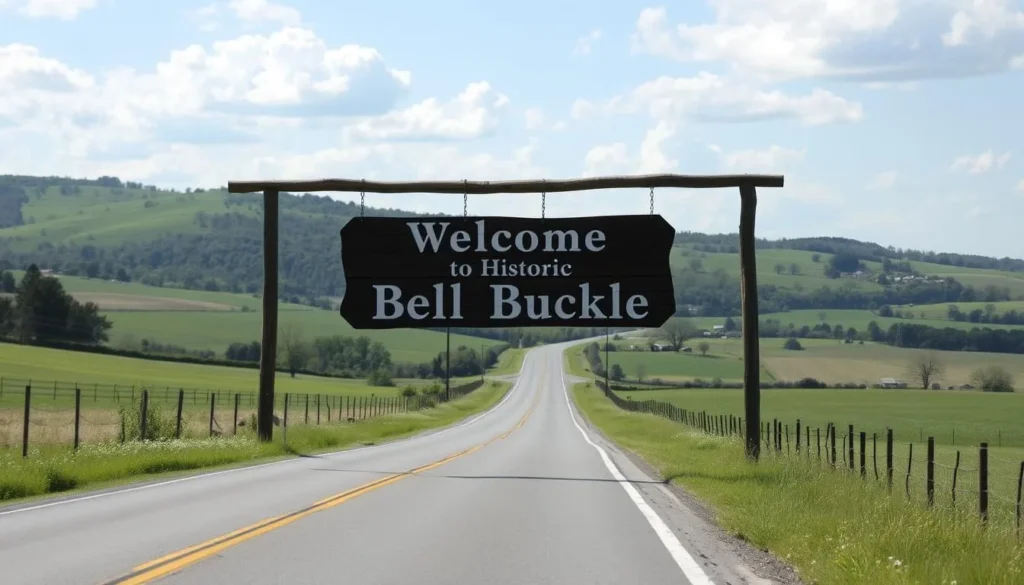 Road sign welcoming visitors to Bell Buckle, Tennessee with rural landscape Road sign welcoming visitors to Bell Buckle, Tennessee with rural landscape