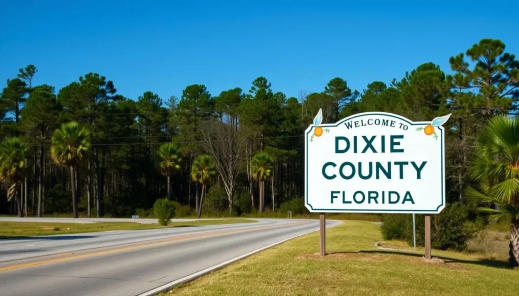 Road sign welcoming visitors to Dixie County, Florida with natural landscape in background