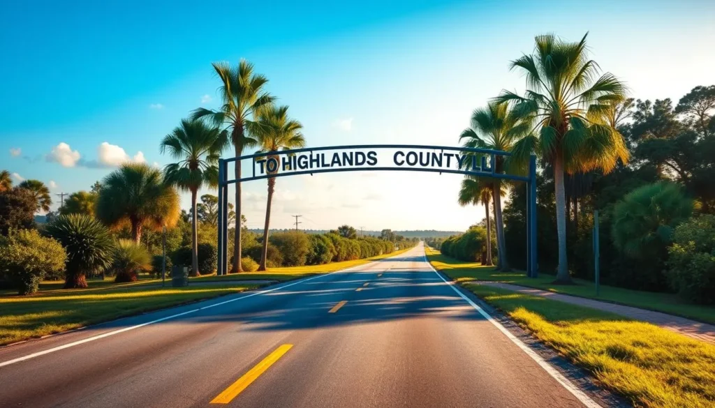 Road sign welcoming visitors to Highlands County Florida on a sunny day with palm trees in the background Road sign welcoming visitors to Highlands County Florida on a sunny day with palm trees in the background