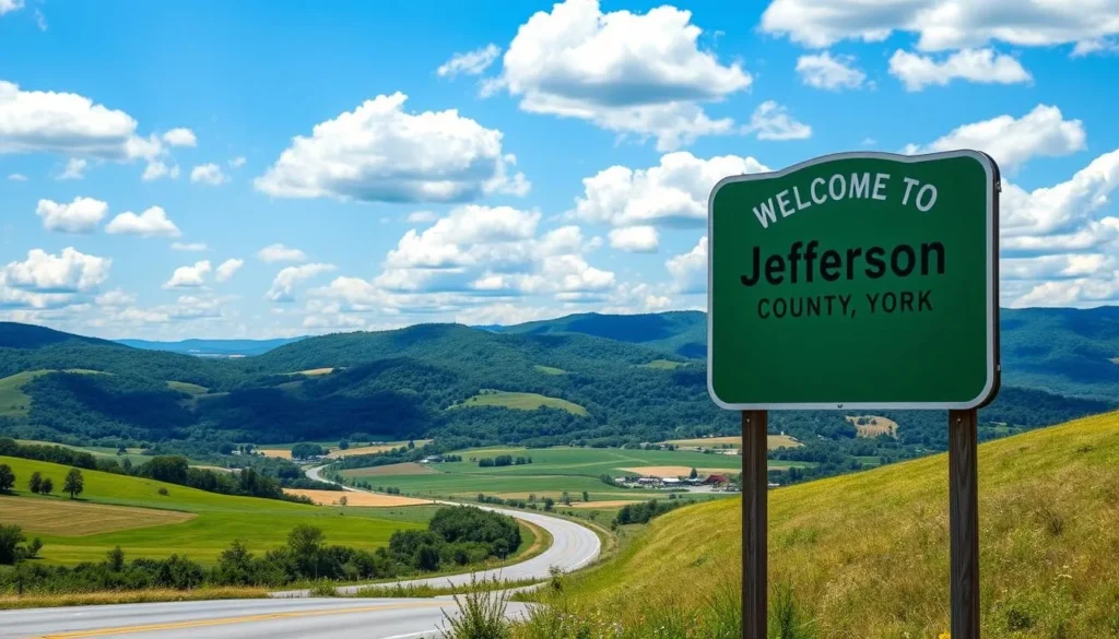 Road sign welcoming visitors to Jefferson County, New York with scenic landscape in the background Road sign welcoming visitors to Jefferson County, New York with scenic landscape in the background