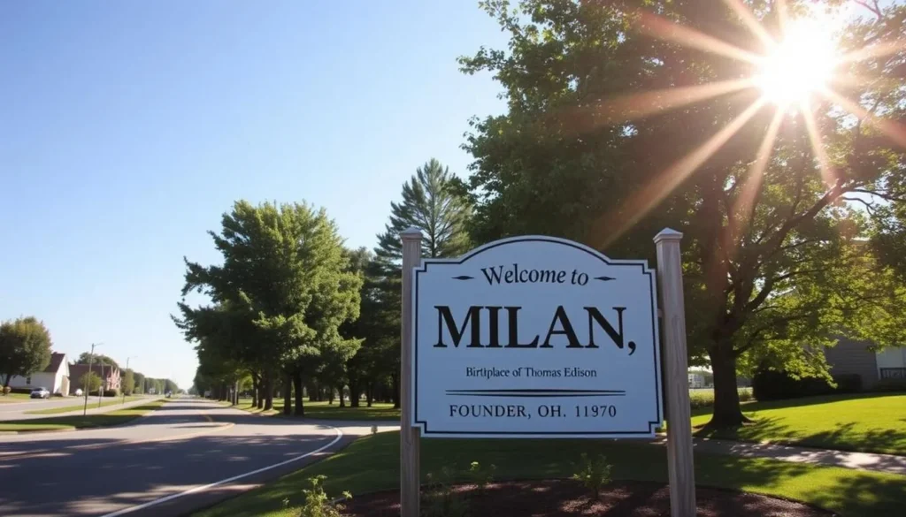 Road sign welcoming visitors to Milan, Ohio with Milan, Ohio things to do information board nearby