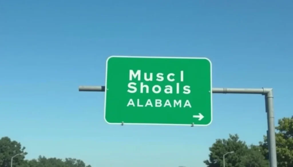 Road sign welcoming visitors to Muscle Shoals Alabama Road sign welcoming visitors to Muscle Shoals Alabama