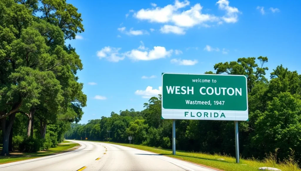 Road sign welcoming visitors to Washington County Florida with natural scenery in background Road sign welcoming visitors to Washington County Florida with natural scenery in background