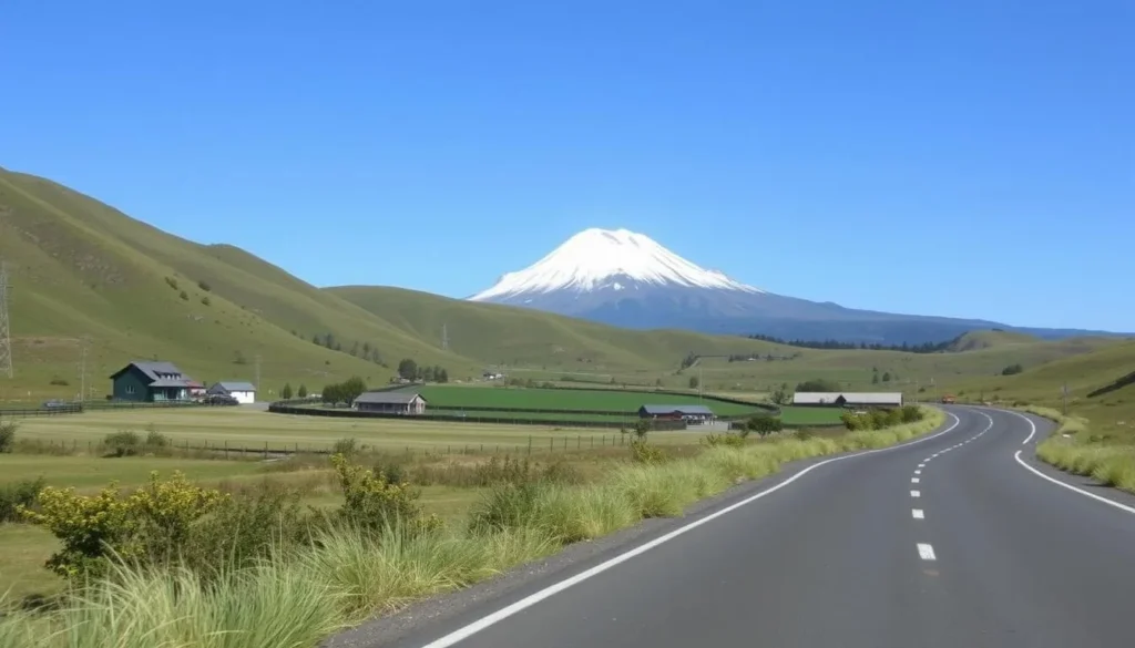 Road to Vicente Pérez Rosales National Park with Osorno Volcano visible in the distance Road to Vicente Pérez Rosales National Park with Osorno Volcano visible in the distance