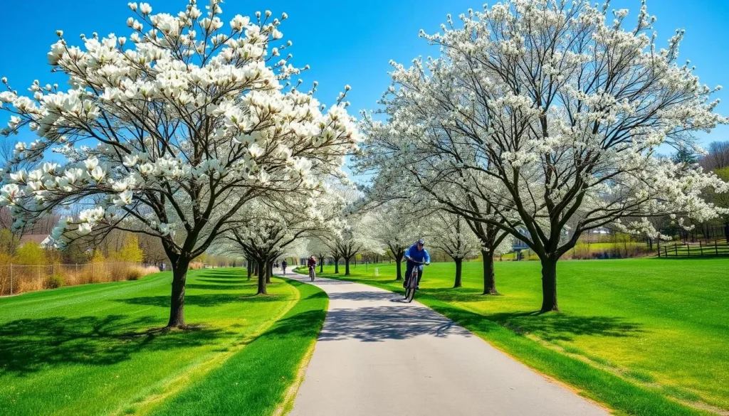 Roanoke Valley Greenways trail in spring with blooming dogwood trees and cyclists Roanoke Valley Greenways trail in spring with blooming dogwood trees and cyclists