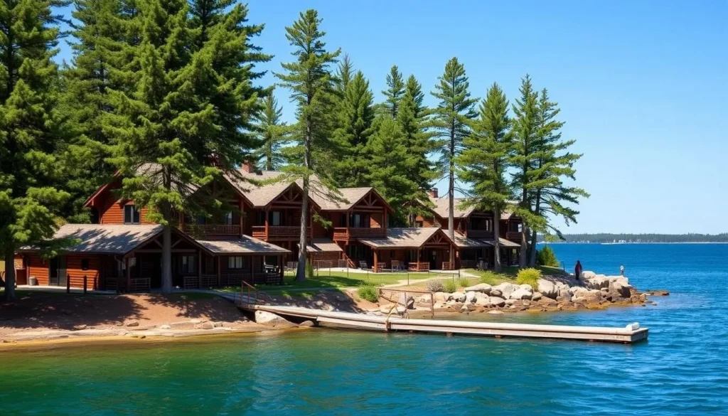 Rock Harbor Lodge at Isle Royale National Park with lakeside cabins surrounded by pine trees Rock Harbor Lodge at Isle Royale National Park with lakeside cabins surrounded by pine trees