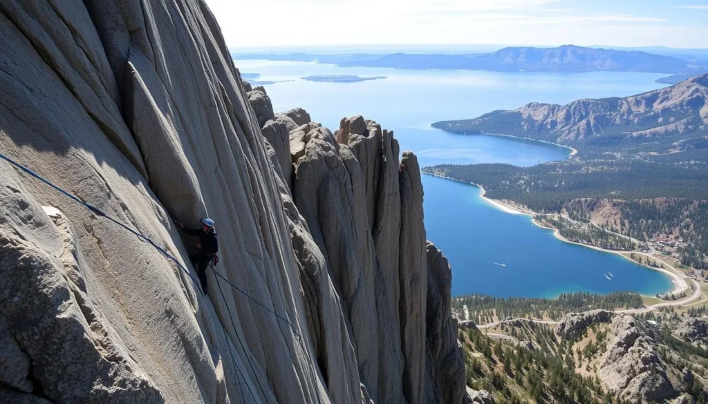 Rock climber ascending a granite wall near Lake Tahoe
