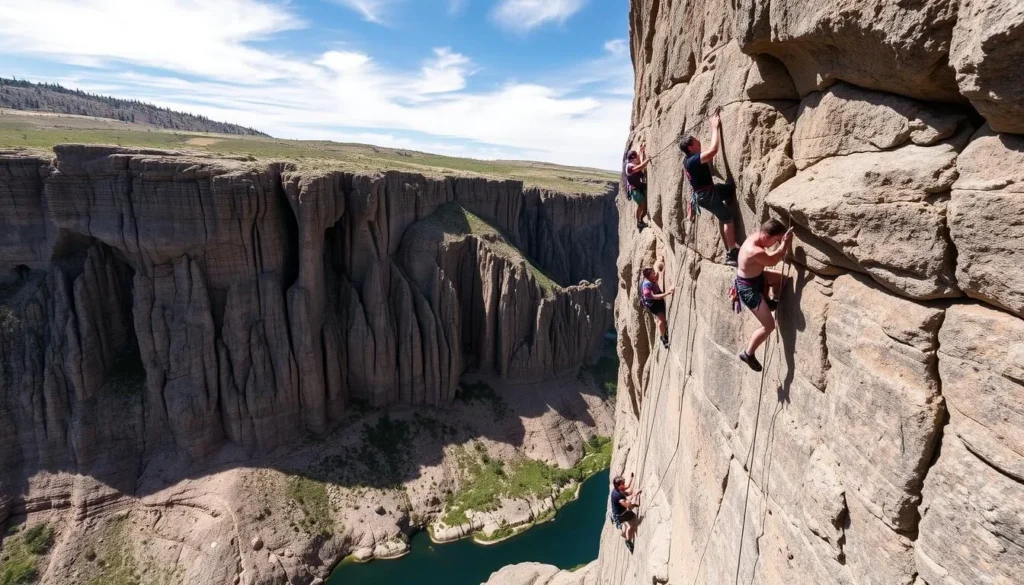 Rock climbers on basalt cliffs near Dierkes Lake in Twin Falls Idaho
