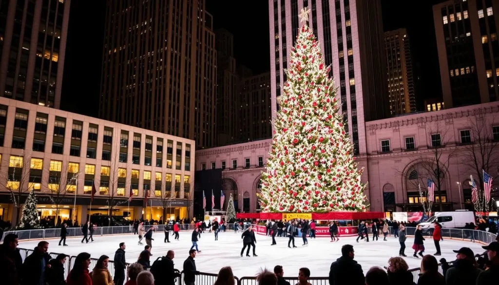 Rockefeller Center Christmas Tree and ice skating rink during holiday season - one of the best things to do in New York City in winter Rockefeller Center Christmas Tree and ice skating rink during holiday season - one of the best things to do in New York City in winter