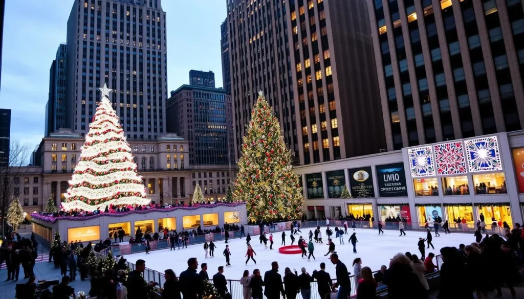 Rockefeller Center Christmas tree and ice skating rink during winter in New York County Rockefeller Center Christmas tree and ice skating rink during winter in New York County