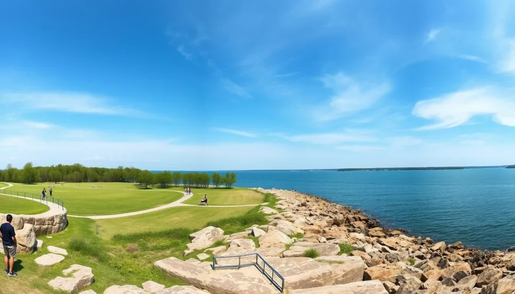 Rocky Point State Park in Warwick, Rhode Island showing coastal views and walking paths