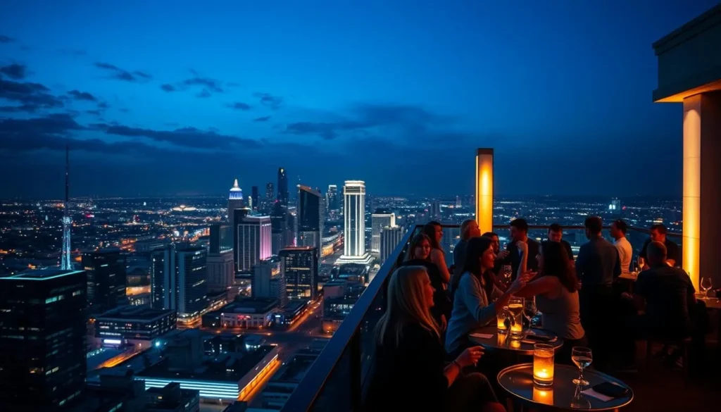 Rooftop bar with Los Angeles skyline view in Los Angeles County California Rooftop bar with Los Angeles skyline view in Los Angeles County California