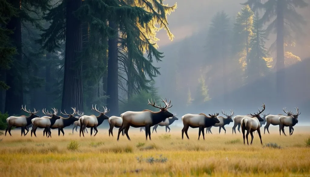 Roosevelt elk grazing in a meadow near redwood forest in Prairie Creek Redwoods State Park Roosevelt elk grazing in a meadow near redwood forest in Prairie Creek Redwoods State Park