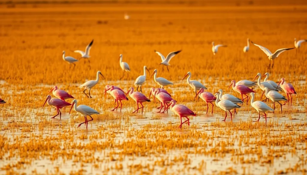 Roseate spoonbills and other wading birds feeding in the salt marsh at Little St. Simons Island Roseate spoonbills and other wading birds feeding in the salt marsh at Little St. Simons Island