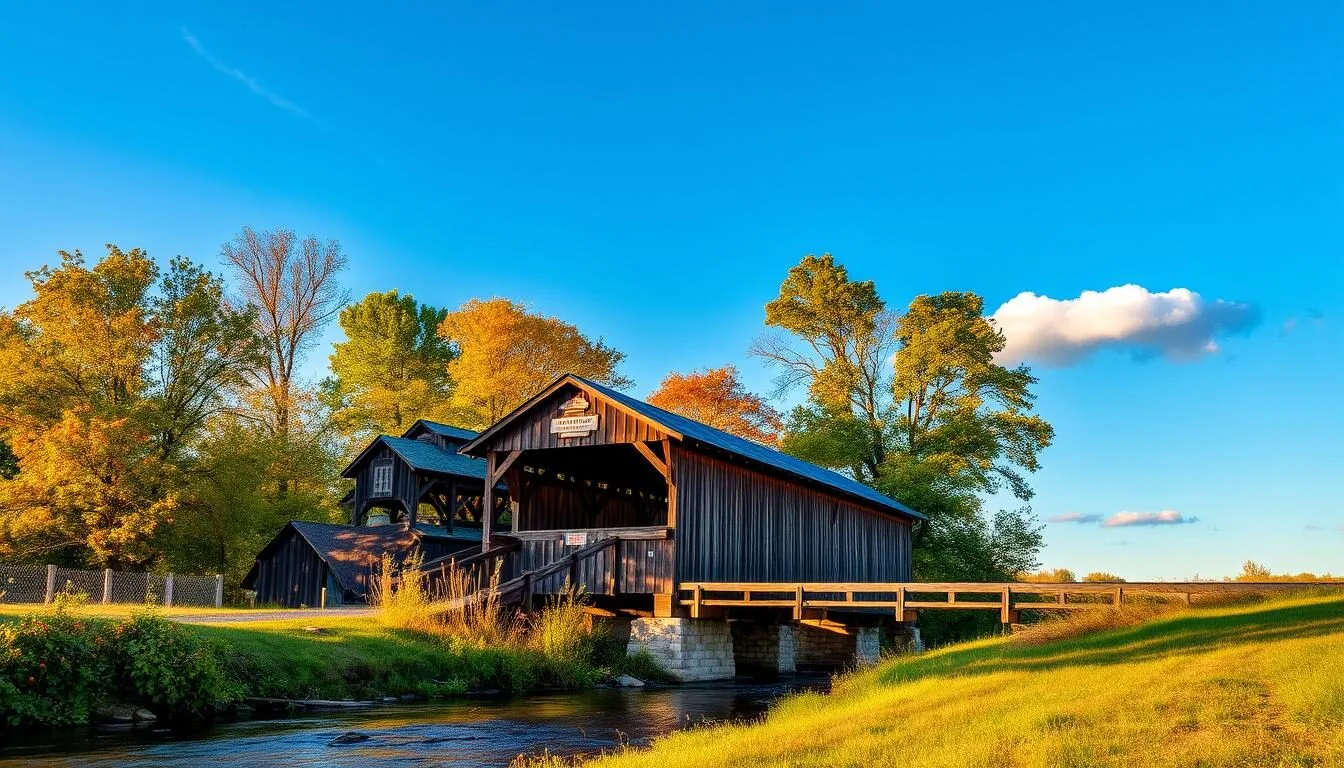 Roseman Covered Bridge in Winterset, Iowa on a sunny autumn day with fall foliage surrounding the historic wooden structure