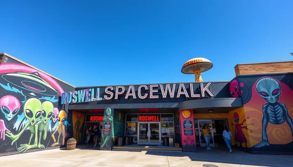 Roswell Spacewalk attraction with colorful alien murals, Roswell, New Mexico Roswell Spacewalk attraction with colorful alien murals, Roswell, New Mexico