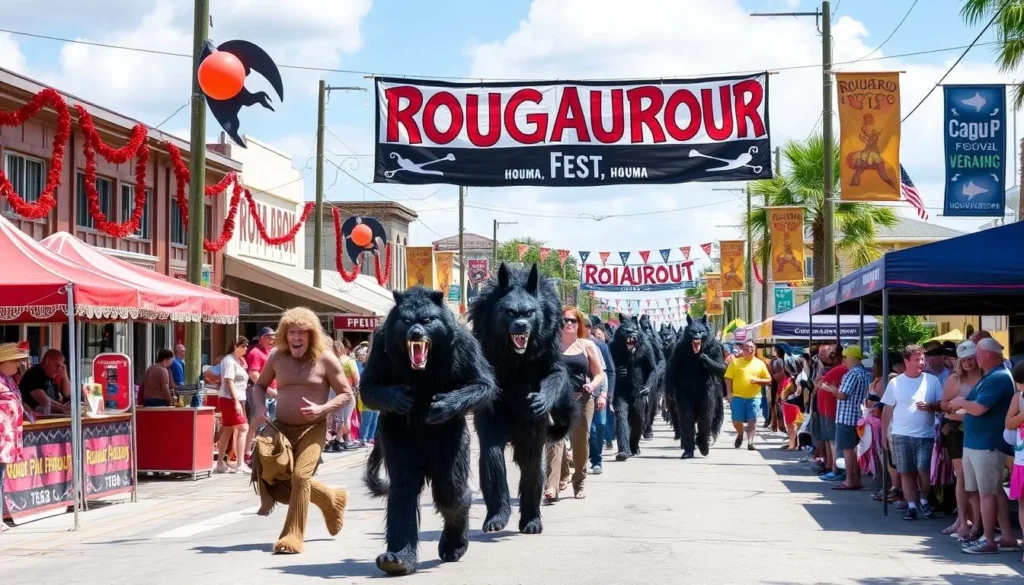 Rougarou Fest in Houma with costumed participants and festive decorations Rougarou Fest in Houma with costumed participants and festive decorations
