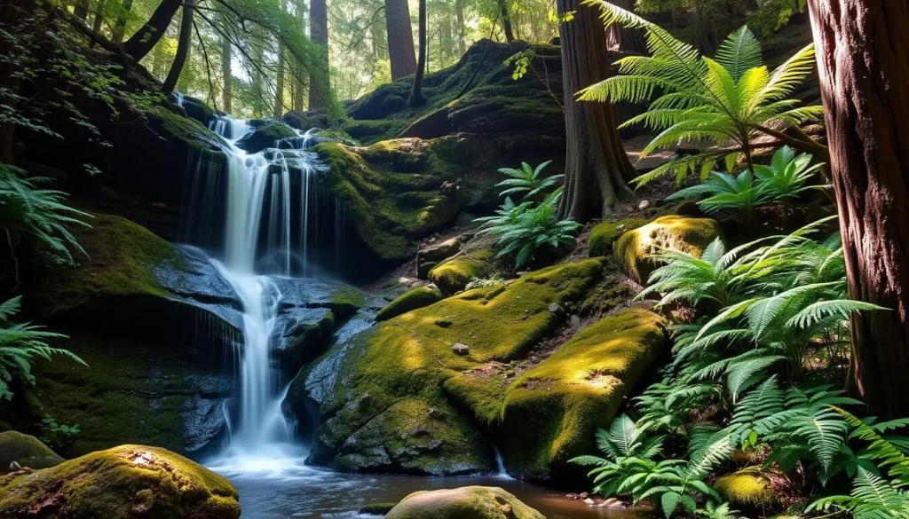 Russian Gulch Waterfall in Mendocino County California surrounded by lush ferns Russian Gulch Waterfall in Mendocino County California surrounded by lush ferns