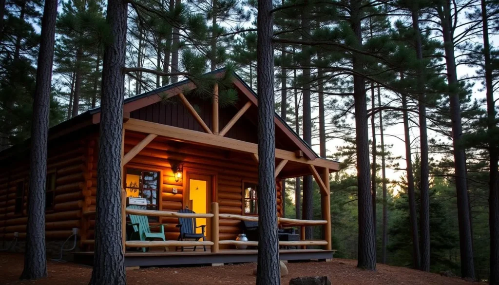 Rustic cabin accommodations at Beavers Bend State Park with forest surroundings and porch Rustic cabin accommodations at Beavers Bend State Park with forest surroundings and porch