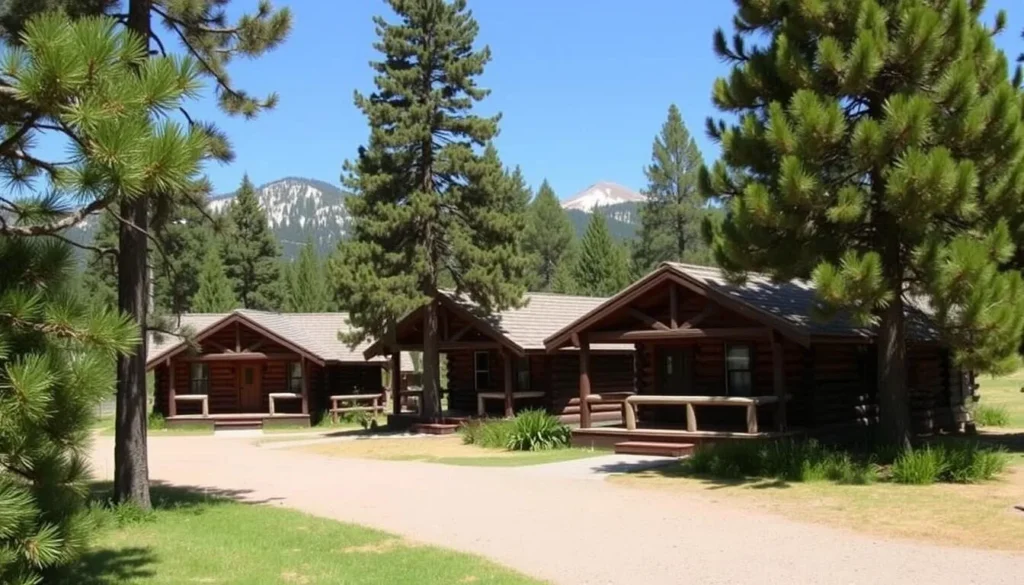 Rustic cabins at Drakesbad Guest Ranch surrounded by pine trees with mountains in the background Rustic cabins at Drakesbad Guest Ranch surrounded by pine trees with mountains in the background