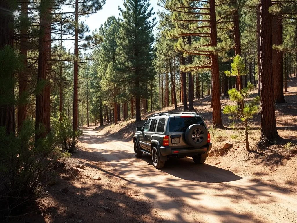SUV driving on a forest road in Modoc National Forest SUV driving on a forest road in Modoc National Forest