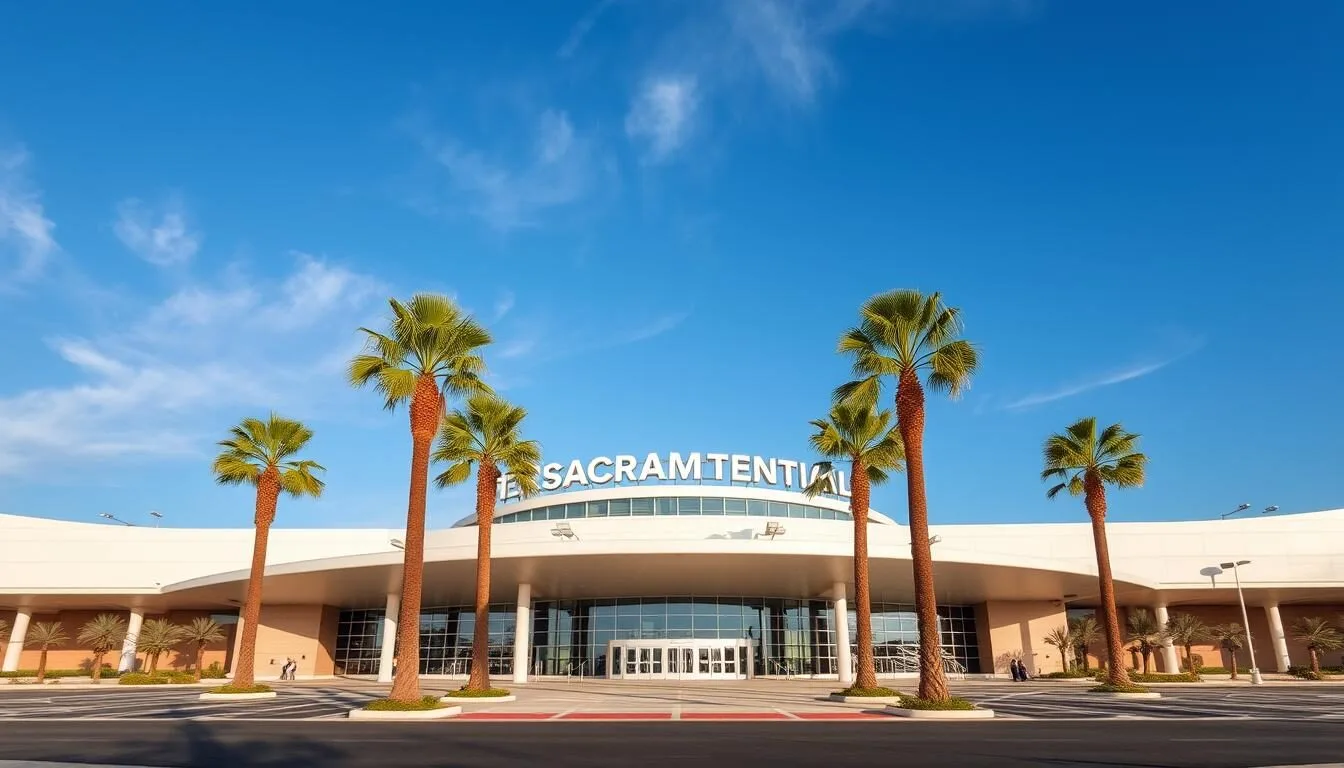 Sacramento International Airport terminal with modern architecture and palm trees
