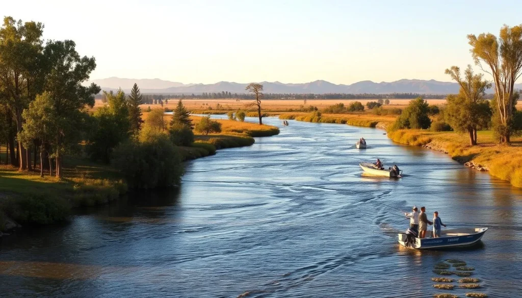 Sacramento River flowing through Tehama County with fishing boats visible Sacramento River flowing through Tehama County with fishing boats visible