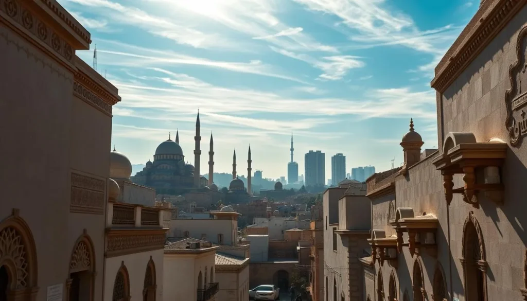 Safaqis city skyline, a harmonious blend of ancient and modern architecture. In the foreground, intricate ornamental details adorn the facades of traditional whitewashed buildings, with their iconic domed roofs and arched doorways. Sunlight filters through the narrow streets, casting warm shadows that accentuate the architectural textures. In the middle ground, towering minarets and modern high-rises stand side by side, showcasing the city's evolution. The background features a hazy blue sky with wispy clouds, creating a serene and tranquil atmosphere. Capture the essence of Safaqis - a vibrant, historic city where the old and new coexist in perfect harmony.