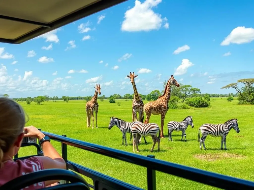 Safari vehicle viewing giraffes and zebras at Lion Country Safari in Palm Beach County Florida Safari vehicle viewing giraffes and zebras at Lion Country Safari in Palm Beach County Florida
