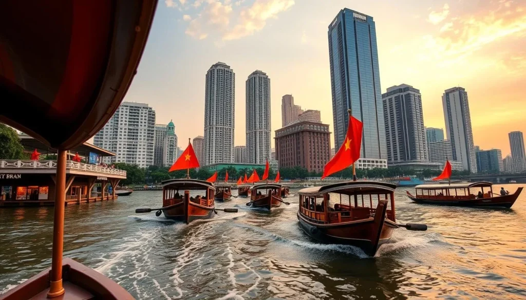 Saigon River cruise in Ho Chi Minh City with traditional wooden boats and modern skyscrapers in the background