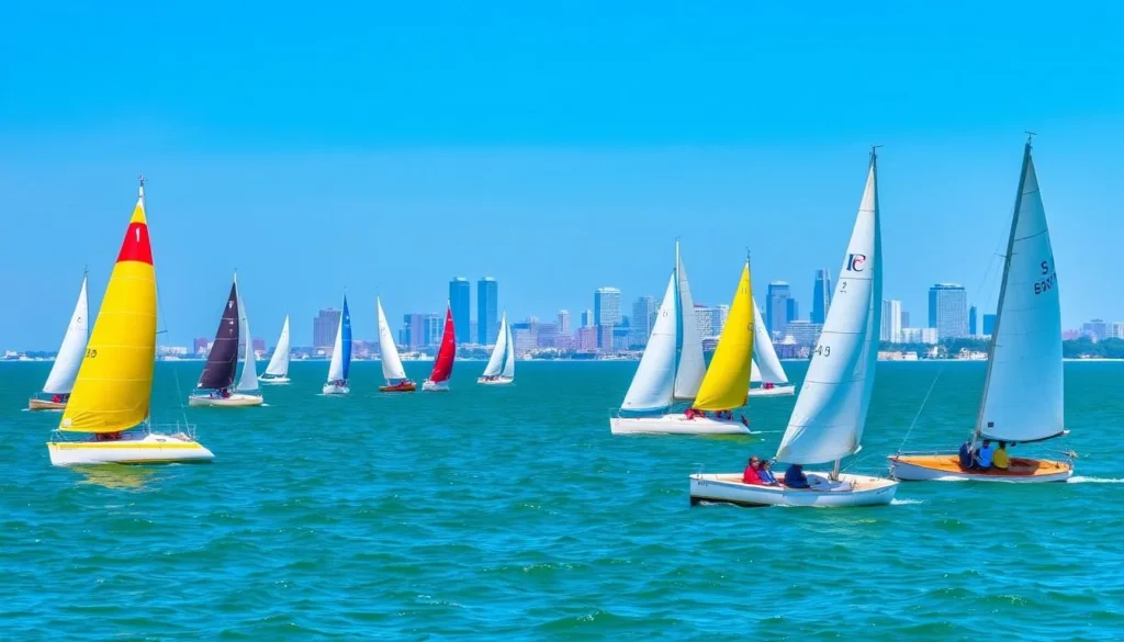 Sailboats on Lake Pontchartrain with New Orleans skyline visible in the distance Sailboats on Lake Pontchartrain with New Orleans skyline visible in the distance