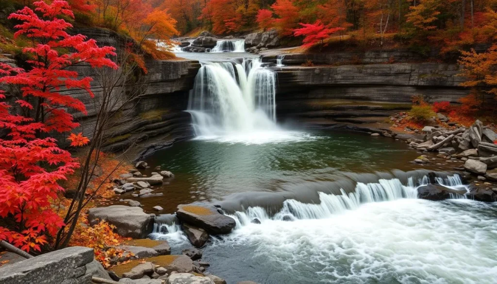 Salmon River Falls in autumn with colorful fall foliage in Oswego County, New York