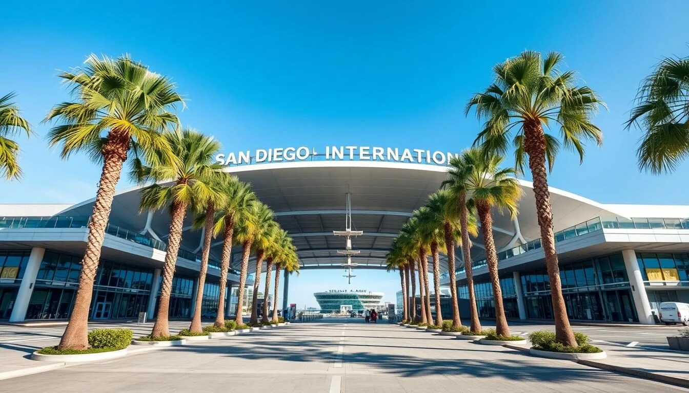 San Diego International Airport with palm trees and blue sky in San Diego County California