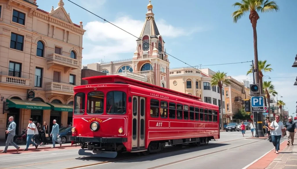 San Diego Trolley passing through Gaslamp Quarter in San Diego County California San Diego Trolley passing through Gaslamp Quarter in San Diego County California